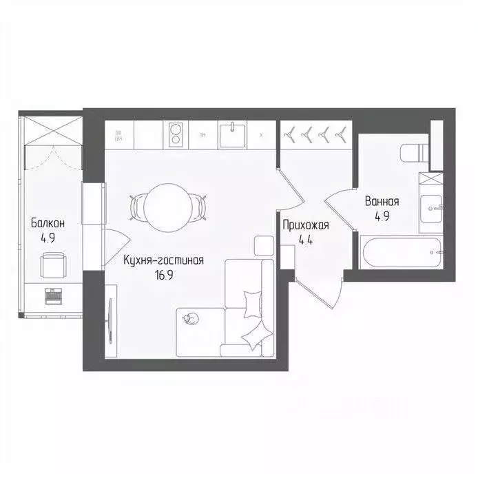 Студия Новосибирская область, Новосибирск ул. Серафимовича, 12 (27.7 ... - Фото 2