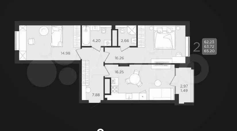 2-к. квартира, 64 м, 7/9 эт. - Фото 1