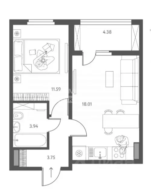1-к кв. Липецкая область, Липецк ул. Перова, 2Д (39.48 м) - Фото 1