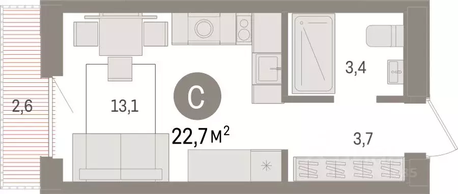 Студия Новосибирская область, Новосибирск ул. Аэропорт, 88 (22.65 м) - Фото 1