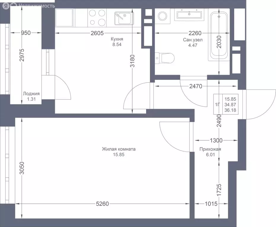 1-комнатная квартира: Казань, ЖК Мой Ритм (36.18 м) - Фото 1