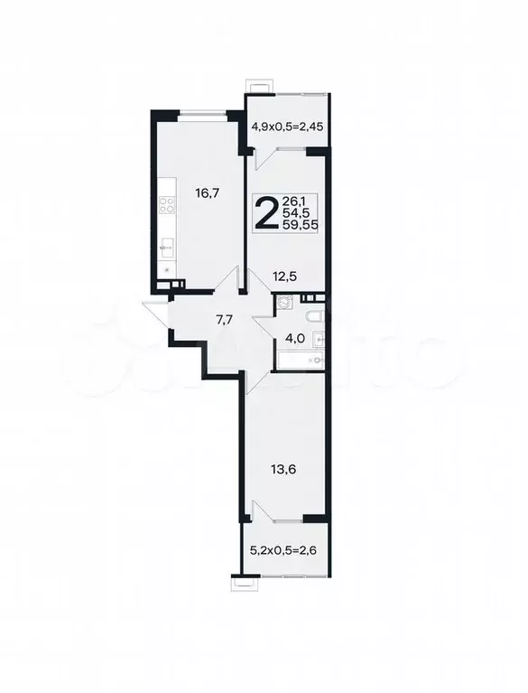 2-к. квартира, 59,6 м, 2/4 эт. - Фото 1