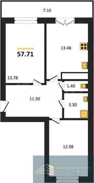 2-к. квартира, 57,7 м, 7/15 эт. - Фото 0