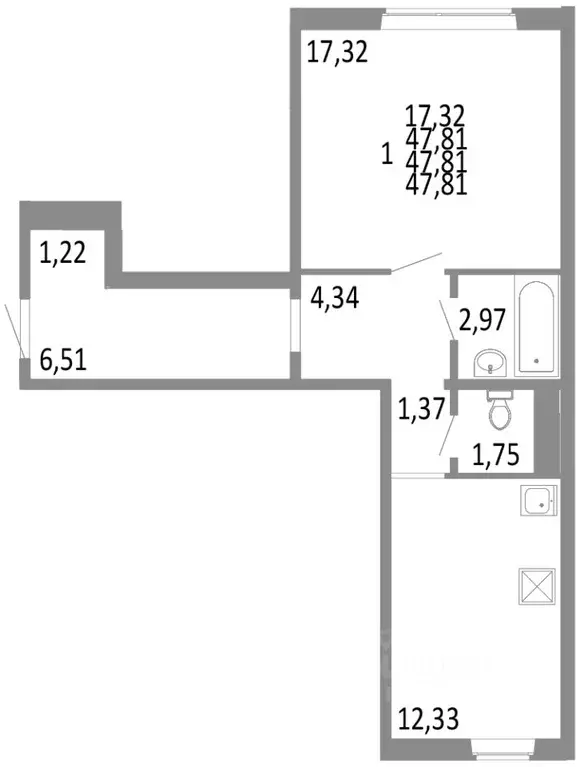 1-к кв. Челябинская область, Челябинск ул. Блюхера, 125В (47.81 м) - Фото 0