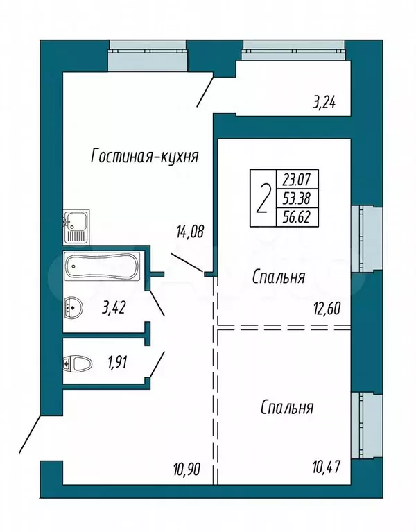 2-к. квартира, 56,8 м, 9/9 эт. - Фото 0