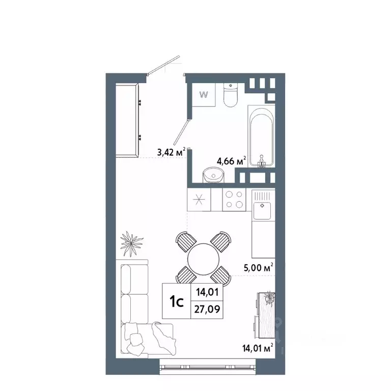 Студия Башкортостан, Уфа 42-й кв-л,  (26.89 м) - Фото 1