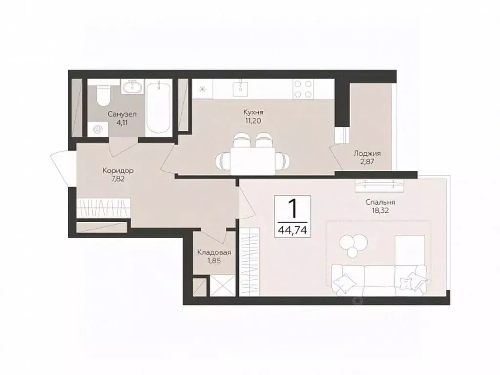 1-к кв. Самарская область, Самара  (44.74 м) - Фото 1