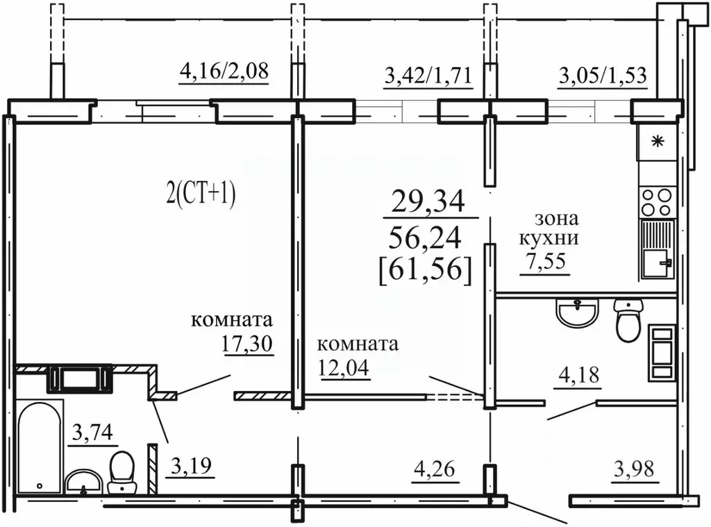 2-к кв. Челябинская область, Челябинск ул. Маршала Чуйкова, 26А (56.24 ... - Фото 1