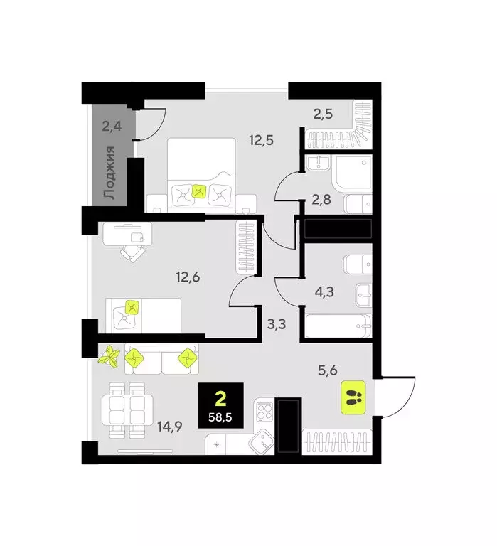 2-комнатная квартира: Тюмень, улица Первооткрывателей, 9 (58.5 м) - Фото 1