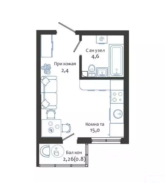 Студия Краснодарский край, Новороссийск ул. Куникова (22.8 м) - Фото 0