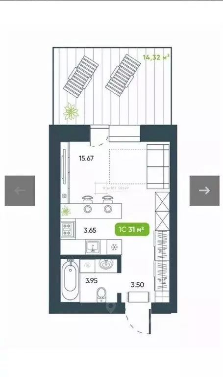 Студия Новосибирская область, Кольцово рп, Ботаника мкр 6/1 (31.0 м) - Фото 1