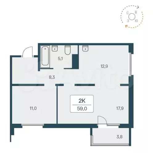 2-к. квартира, 59 м, 9/17 эт. - Фото 0