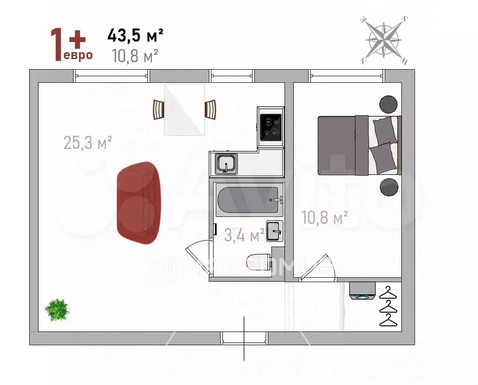 1-к. квартира, 43,5 м, 1/5 эт. - Фото 0