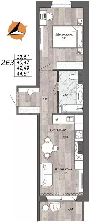 2-к. квартира, 44,5м, 3/10эт. - Фото 1