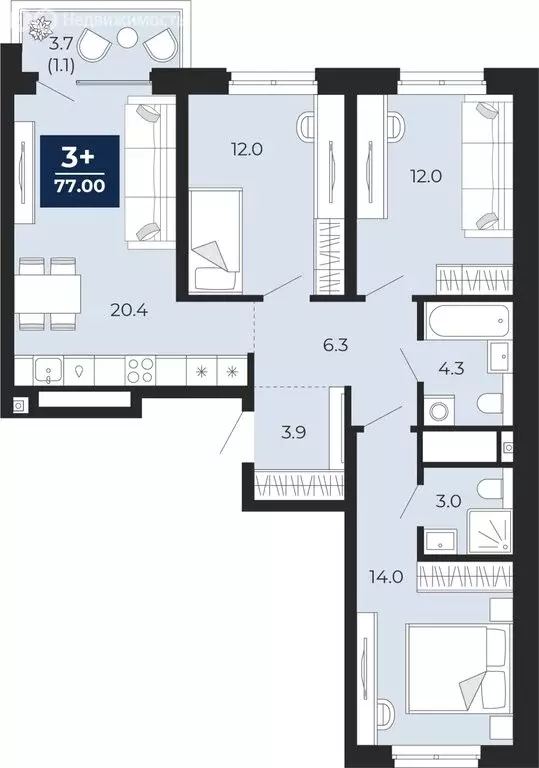 3-комнатная квартира: Тюмень, проезд Капитана Куликова, 5 (79.6 м) - Фото 1