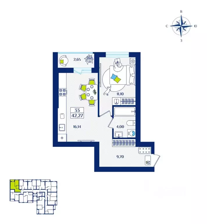 1-к кв. Калининградская область, Зеленоградск  (42.27 м) - Фото 0