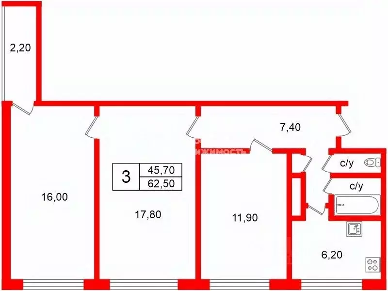 3-к кв. Санкт-Петербург ул. Руднева, 27к2У (62.5 м) - Фото 1