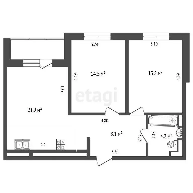 2-комнатная квартира: Ембаево, Бульварная улица, 11 (62.1 м) - Фото 0