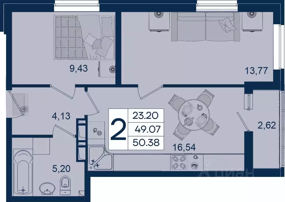 2-к кв. Краснодарский край, Краснодар  (50.38 м) - Фото 1