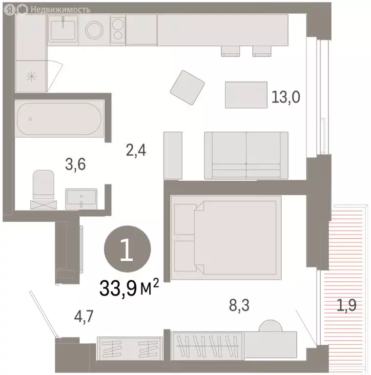 1-комнатная квартира: Тюмень, жилой комплекс Зарека (33.86 м) - Фото 1