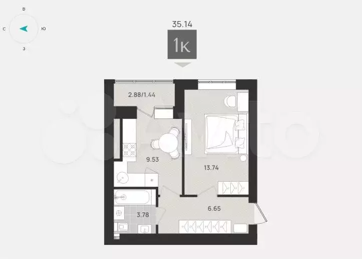 1-к. квартира, 35,1 м, 5/9 эт. - Фото 1