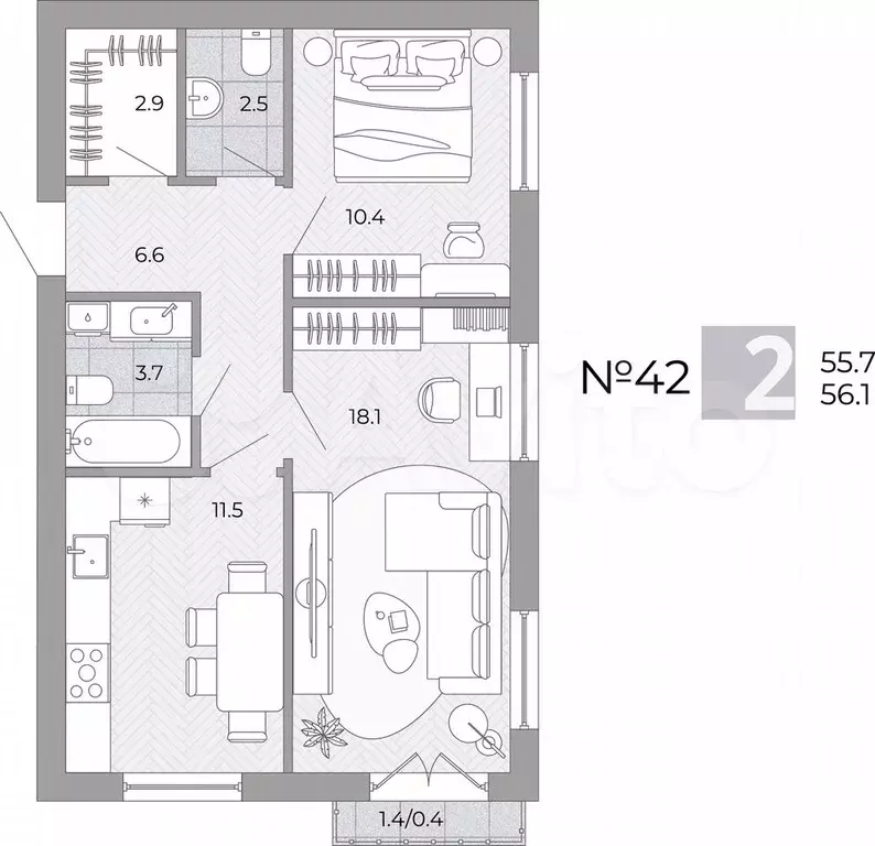 2-к. квартира, 56,1 м, 3/4 эт. - Фото 0