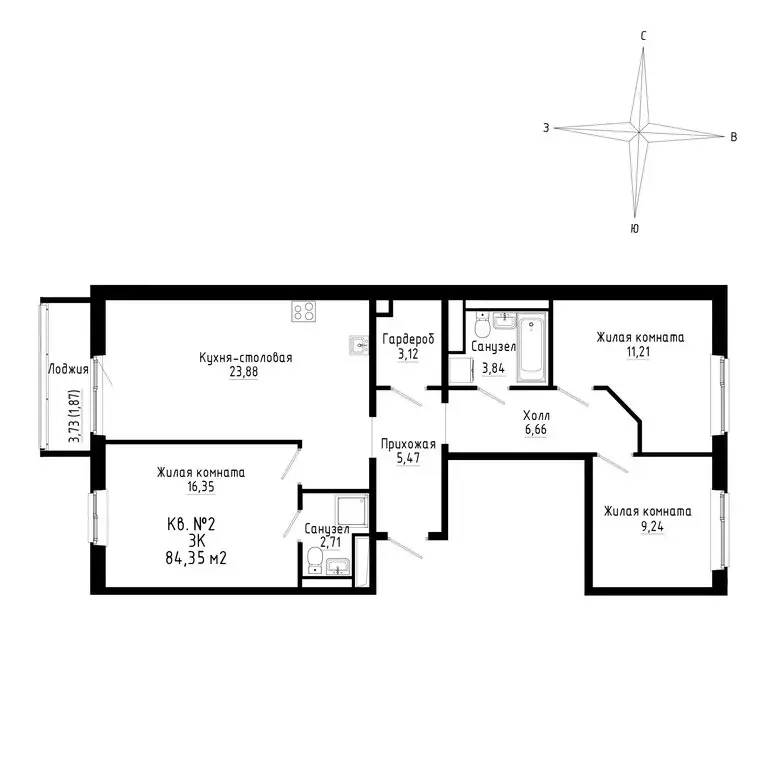 3-комнатная квартира: Новый, ЖК ДНС Сити (84.35 м) - Фото 0