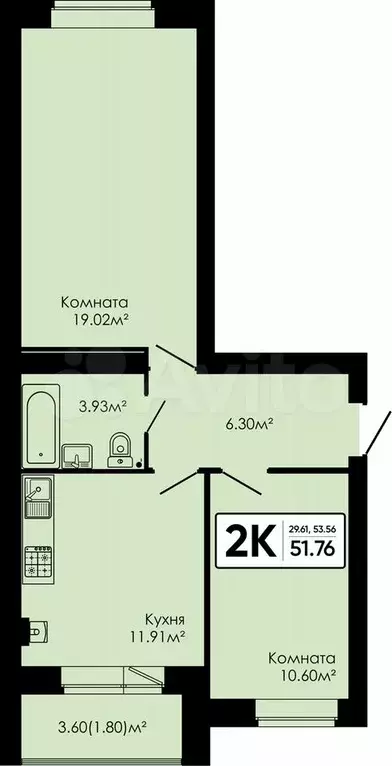 2-к. квартира, 51,8 м, 2/4 эт. - Фото 0