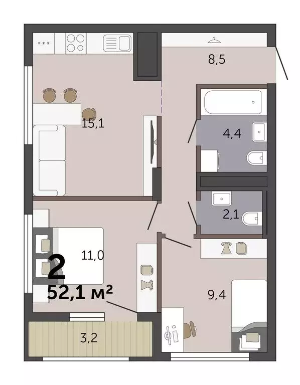 2-комнатная квартира: Екатеринбург, Трамвайный переулок, 4 (52.1 м) - Фото 2
