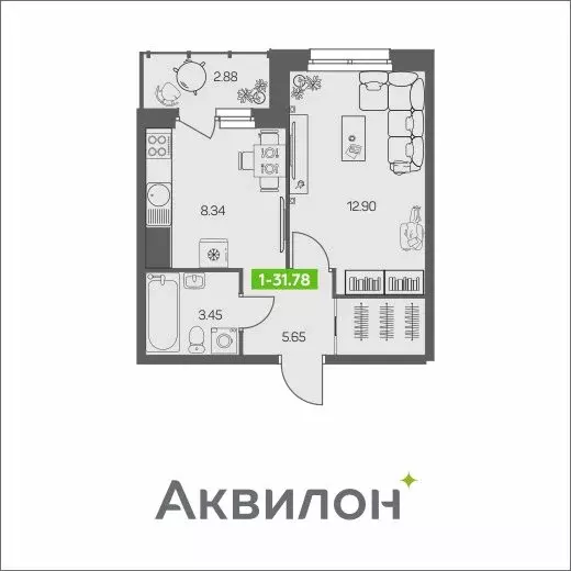 1-комнатная квартира: Архангельск, улица Валявкина (31.78 м) - Фото 0