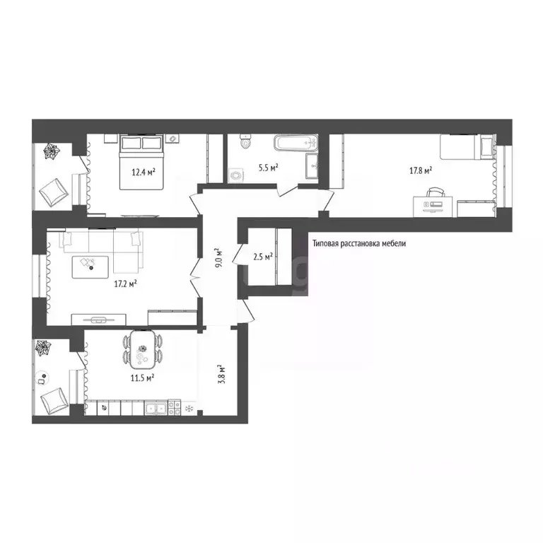 3-к кв. Тюменская область, Тюмень ул. Михаила Сперанского, 33/1 (79.7 ... - Фото 2