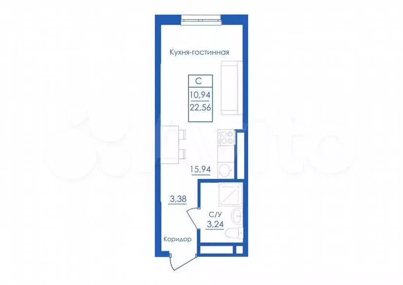 Квартира-студия, 22,6м, 1/25эт. - Фото 1