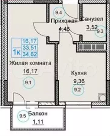 1-к. квартира, 33,5 м, 6/8 эт. - Фото 1