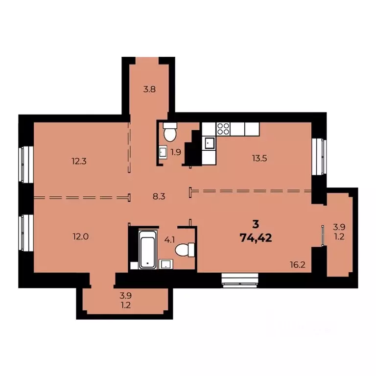 3-к кв. Омская область, Омск ул. 33-я Северная (74.42 м) - Фото 1
