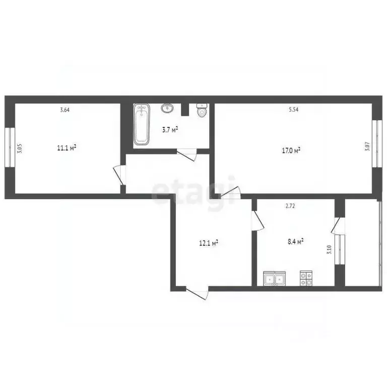 2-к кв. Ямало-Ненецкий АО, Ноябрьск Магистральная ул., 121 (52.8 м) - Фото 2
