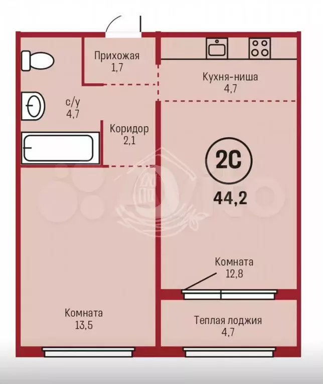 2-к. квартира, 44,2 м, 6/12 эт. - Фото 0
