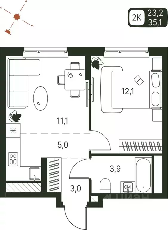 Студия Пермский край, Пермь ул. Серебристая, 1 (35.1 м) - Фото 1