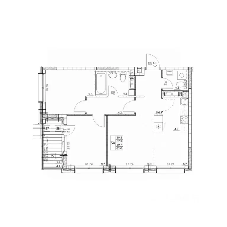 3-к кв. Приморский край, Владивосток ул. Расула Гамзатова, 7к1 (62.0 ... - Фото 1