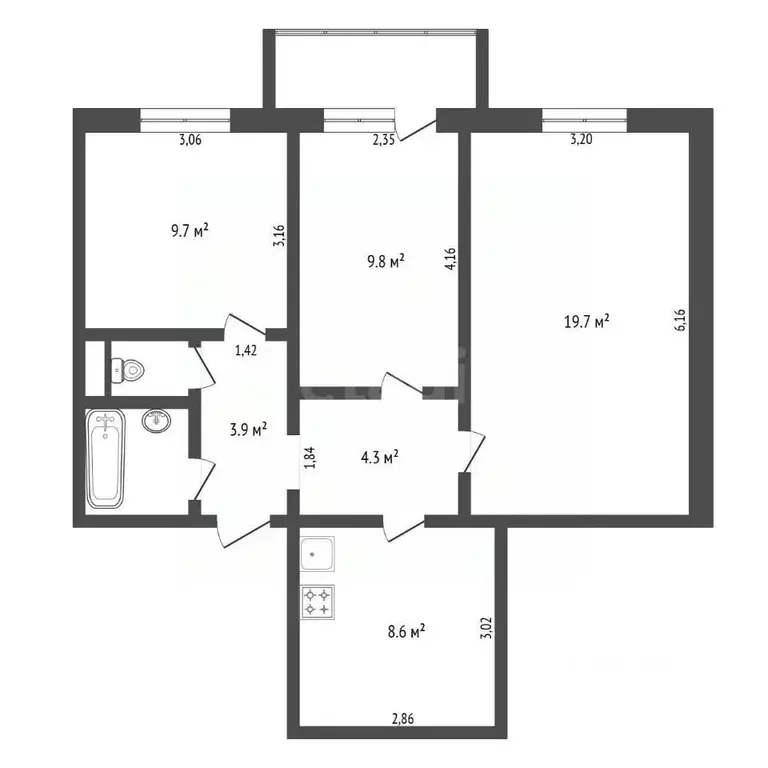 3-к кв. Амурская область, Благовещенск Институтская ул., 30/4 (59.5 м) - Фото 1