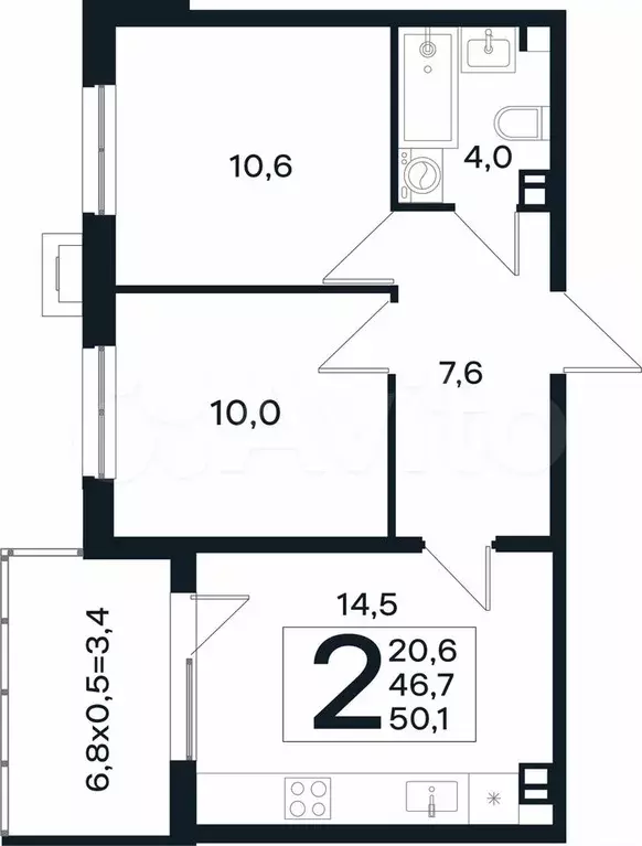 2-к. квартира, 50,1 м, 2/4 эт. - Фото 0