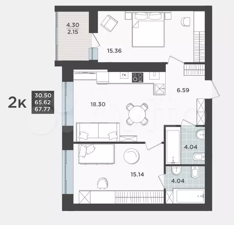 2-к. квартира, 66 м, 1/9 эт. - Фото 1