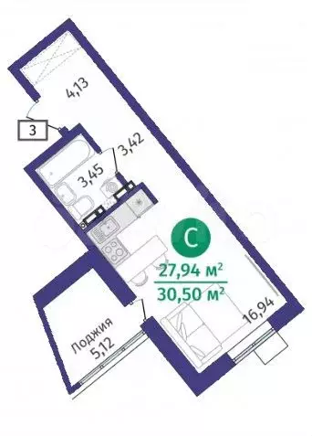 Квартира-студия, 27,9 м, 5/14 эт. - Фото 1