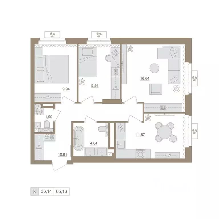 3-к кв. Башкортостан, Уфа бул. Яркий (65.16 м) - Фото 1