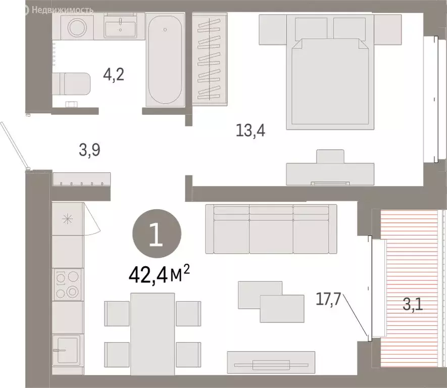 1-комнатная квартира: Тюмень, жилой комплекс На Минской (42.38 м) - Фото 2