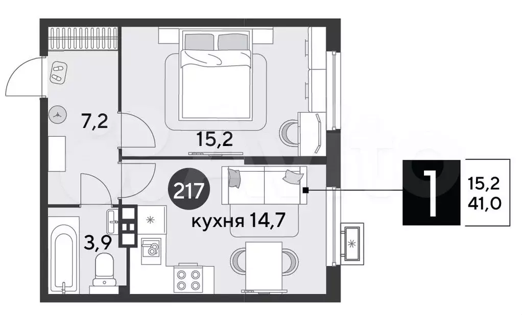 1-к. квартира, 41 м, 7/9 эт. - Фото 1