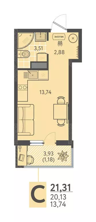 Квартира-студия: Краснодар, улица имени Леона Орбели, 9 (21.31 м) - Фото 1