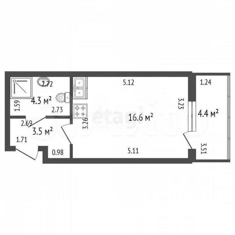 Квартира-студия, 24,4 м, 2/12 эт. - Фото 0