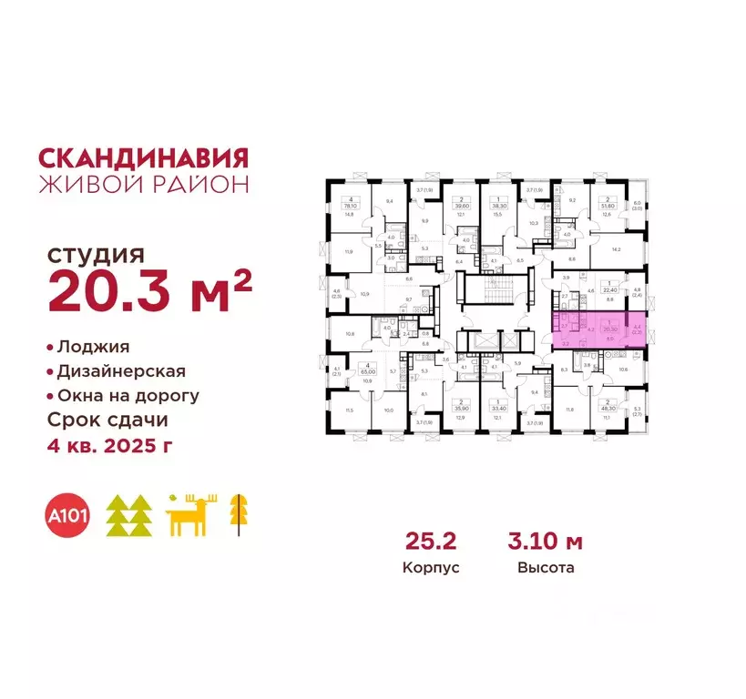 Студия Москва Скандинавия жилой комплекс, 25.2 (20.3 м) - Фото 1