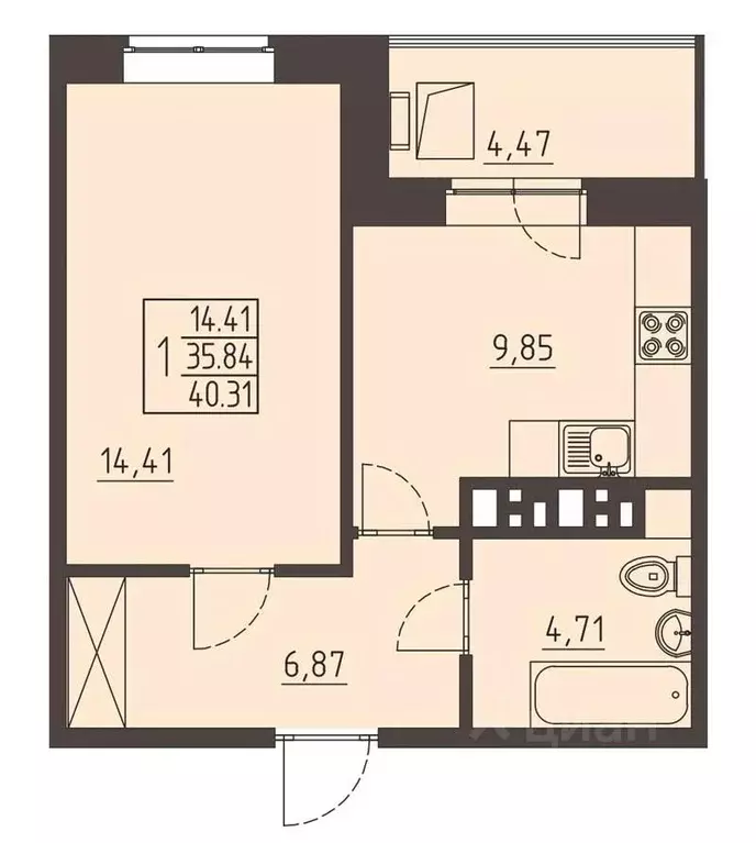 1-к кв. Иркутская область, Иркутск ул. Рылеева, 7 (40.2 м) - Фото 0