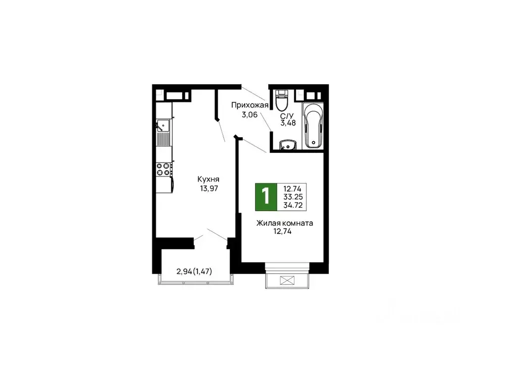 1-к кв. Адыгея, Майкоп 9 Мая ул., 14А (34.72 м) - Фото 1